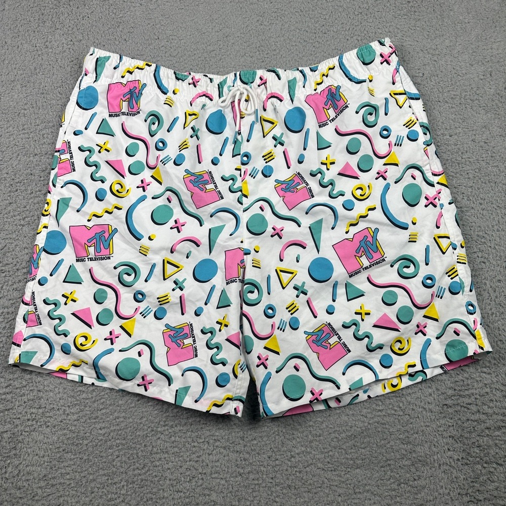 MTV Retro 90s Geometric Logo Swim Trunks Mens XXL White Pink Blue Mesh‎ Lined